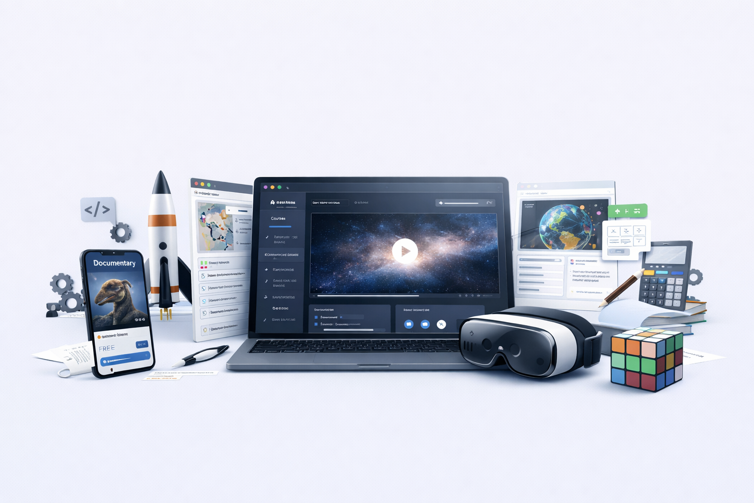 Minimal 3D illustration of a laptop displaying an online learning interface, surrounded by digital educational elements like a smartphone, VR headset, rocket model, globe, calculator, gears, and a Rubik’s cube on a clean white background.